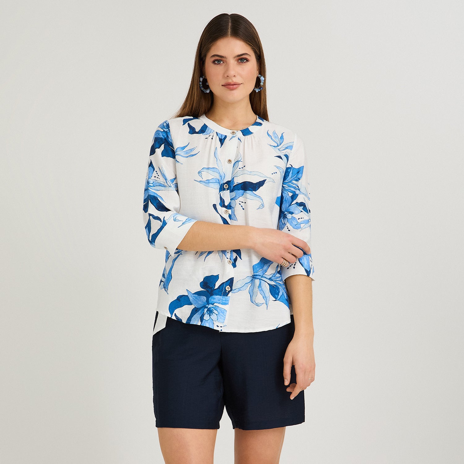 Blusa Escote Mao Manga 3/4 Estampada Azul